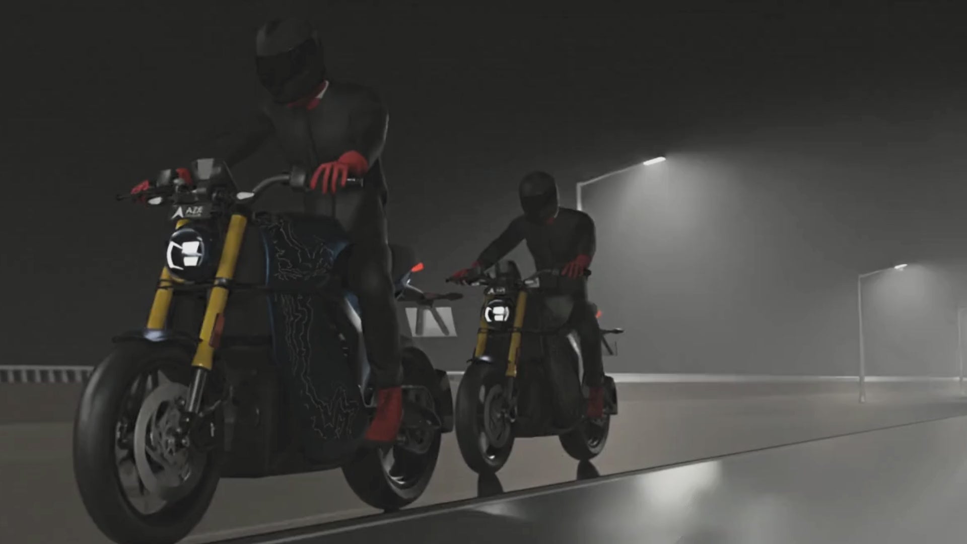 2 Aze automotive electric bike riding in rain in night