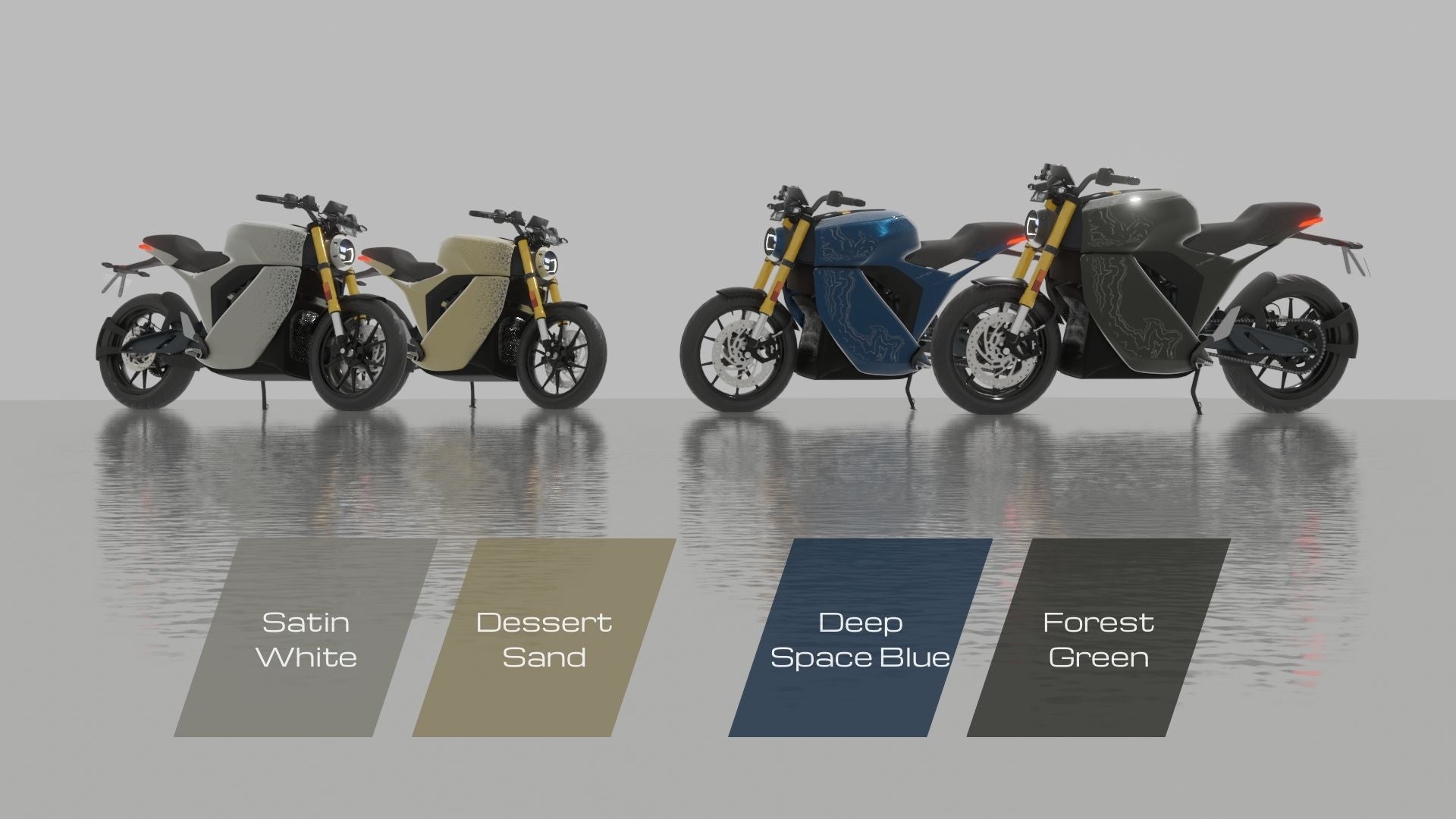 Four electric motorcycles in different colors with color swatches below on a reflective surface.